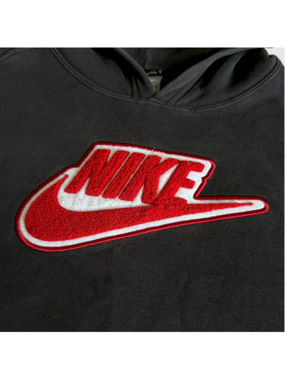 Nike Y2K Fuzzy Chenille Spell Out Logo Hoodie Black Red